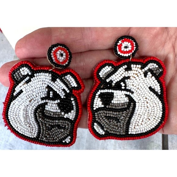 Bulldog Earrings UGA Dawgs University of Georgia Beaded Dangle Post New … - Picture 5 of 12